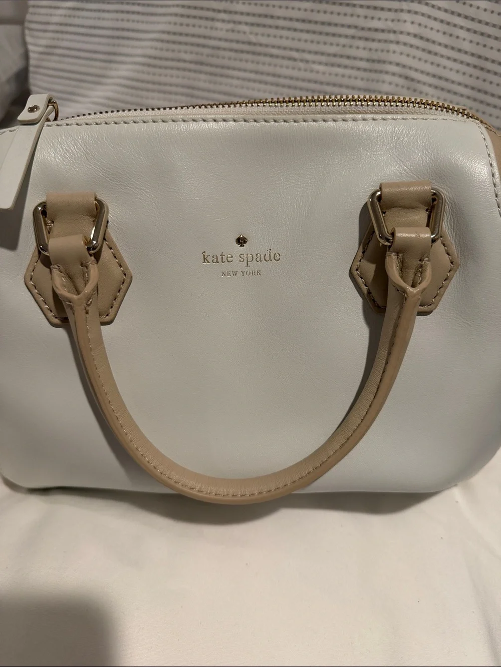 kate spade White Leather Satchel with Tan Handles and Gold Hardware